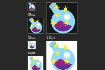 An image representing cartoon-style glass round flasks containing pixie dust in 28 pixel, 56 pixel, and 112 pixel sizes, once each on the dark mode background for Twitch and on white.