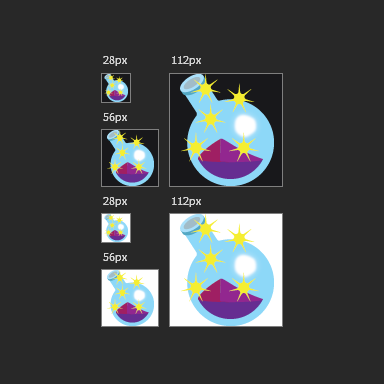 An image representing cartoon-style glass round flasks containing pixie dust in 28 pixel, 56 pixel, and 112 pixel sizes, once each on the dark mode background for Twitch and on white.